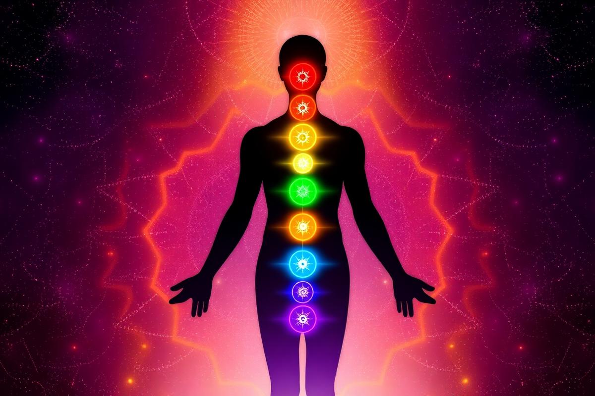 Seven chakras aligned along the spine